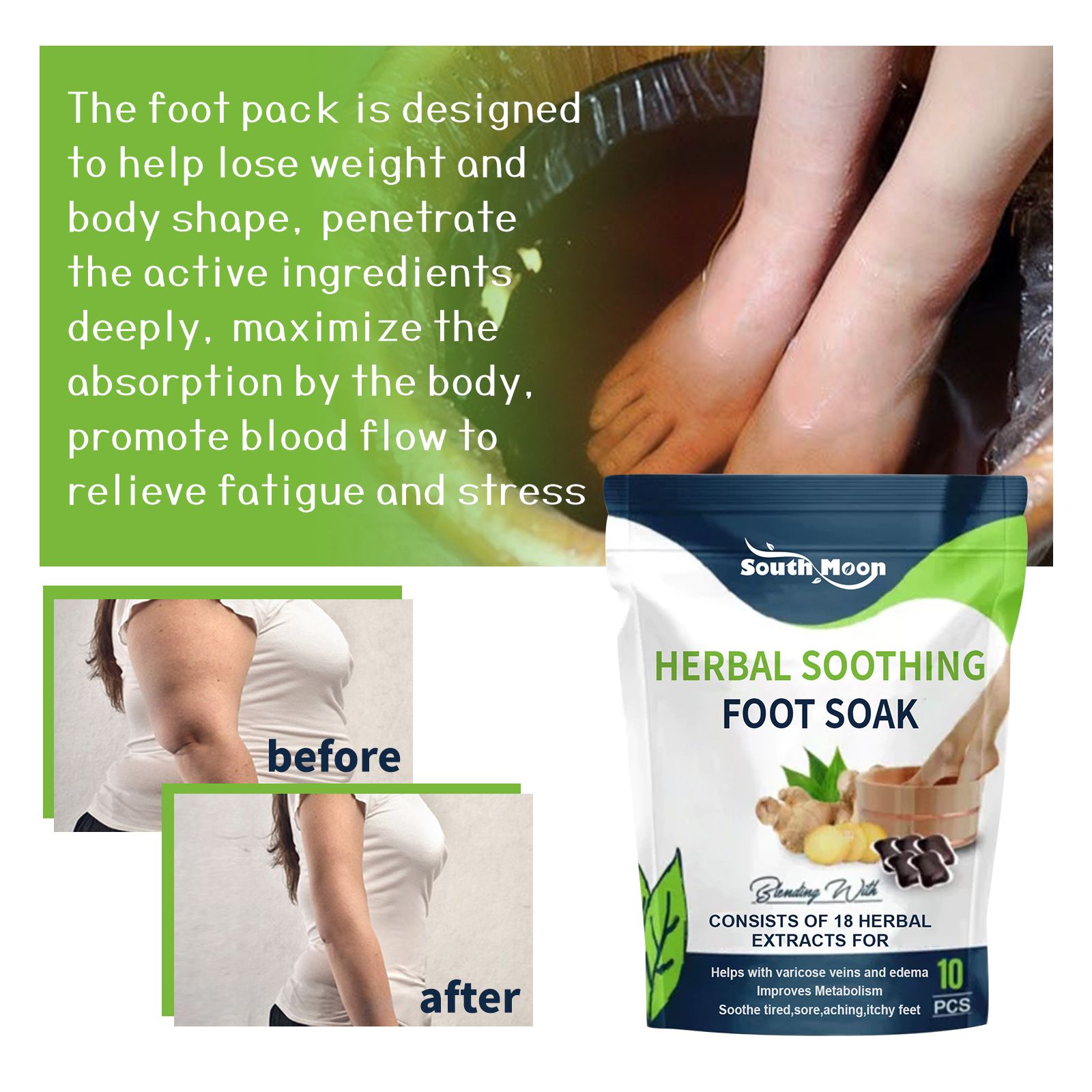 10PCS Detox Foot Soak Herbal Lymphatic Health Promote Blood Circulation Dehumidification Fat Burning Stress Relax Foot Bath Soak