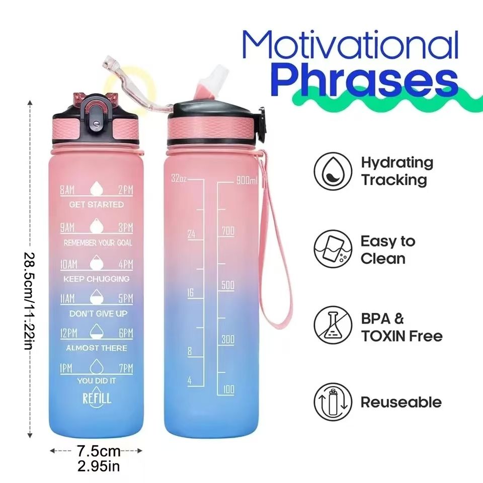 New 1000ML Leakproof Water Bottles with Times to Drink and Straw Motivational Drinking Sports Water Bottle for Fitnes Gym Outdoor