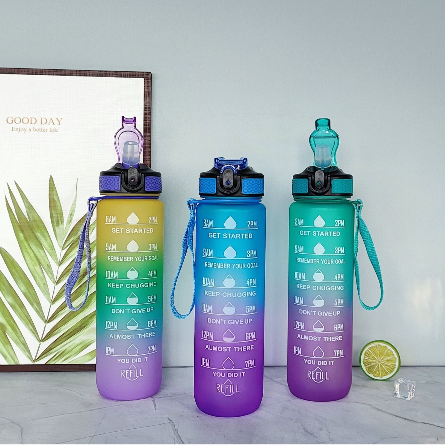 New 1000ML Leakproof Water Bottles with Times to Drink and Straw Motivational Drinking Sports Water Bottle for Fitnes Gym Outdoor