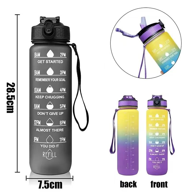 New 1000ML Leakproof Water Bottles with Times to Drink and Straw Motivational Drinking Sports Water Bottle for Fitnes Gym Outdoor