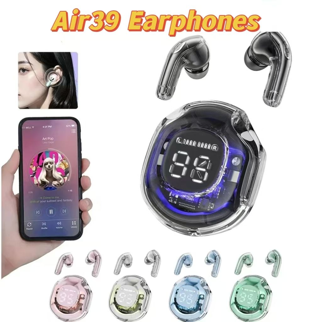 New Air39 Bluetooth Earphones Transparent Earphones ENC Game Wireless Bluetooth Earbuds In-Ear  Touch Control Bluetooth 5.3 Earpods  With Breathing Lights For Phones