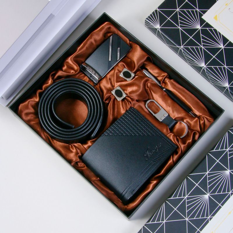 New 5Pcs/Set Men Wallets Cufflinks Luxury Gifts Set Belt Wallet Keychain Pen Cuff Links Set Wallet Set Christmas Gift Valentines Gifts Boyfriend Father Gift