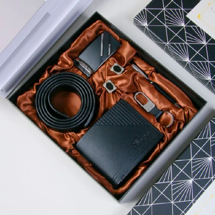 New 5Pcs/Set Men Wallets Cufflinks Luxury Gifts Set Belt Wallet Keychain Pen Cuff Links Set Wallet Set Christmas Gift Valentines Gifts Boyfriend Father Gift