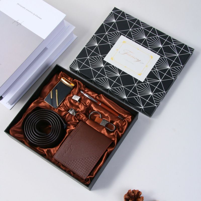 New 5Pcs/Set Men Wallets Cufflinks Luxury Gifts Set Belt Wallet Keychain Pen Cuff Links Set Wallet Set Christmas Gift Valentines Gifts Boyfriend Father Gift
