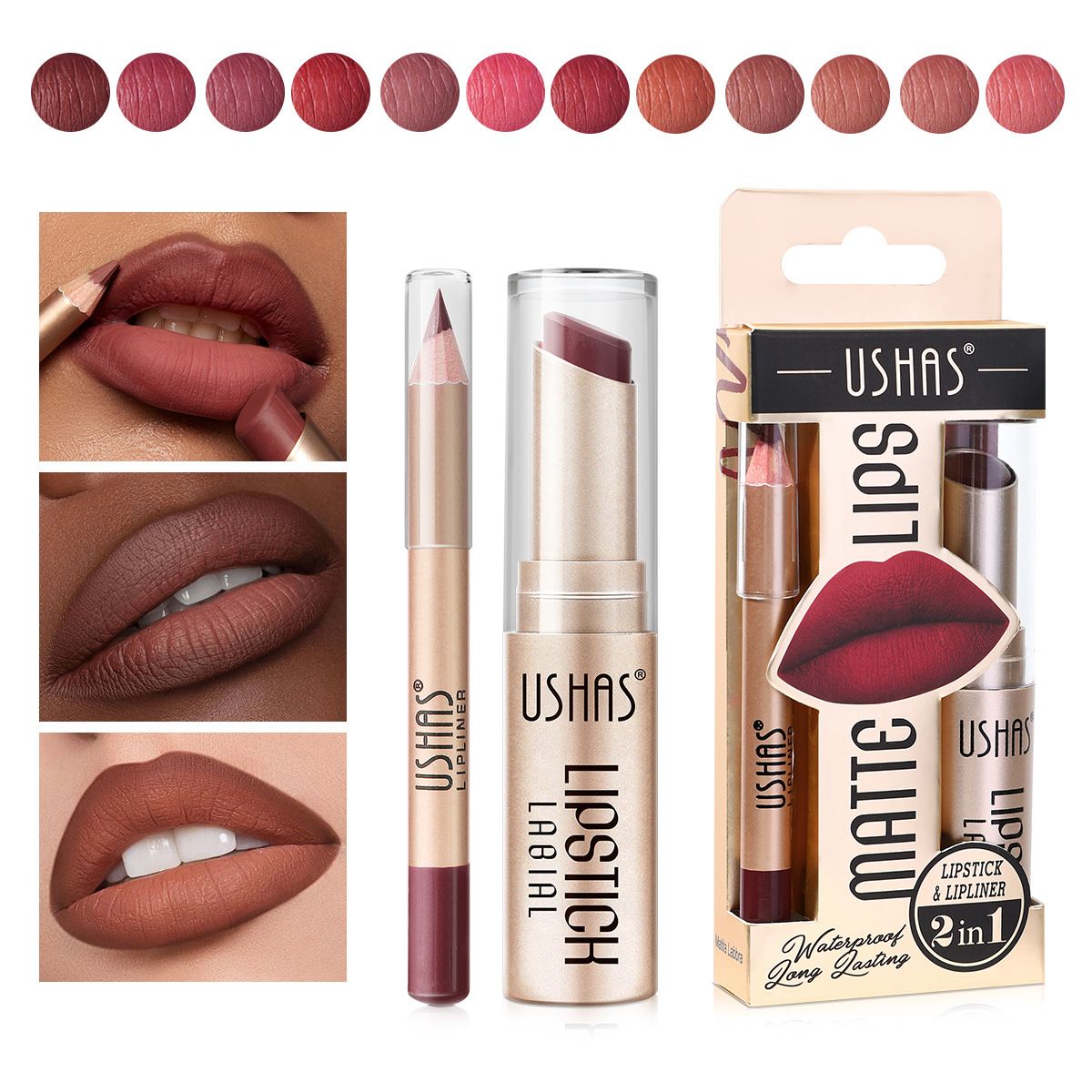 USHAS  2 In 1 Matte Lipstick&lip Liner Set Easy Coloring Matte Lipstick Long Lasting Nude Red Lipstick Lips Makeup