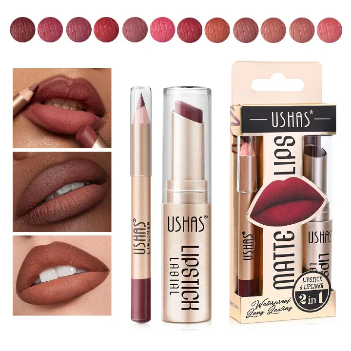 USHAS  2 In 1 Matte Lipstick&lip Liner Set Easy Coloring Matte Lipstick Long Lasting Nude Red Lipstick Lips Makeup