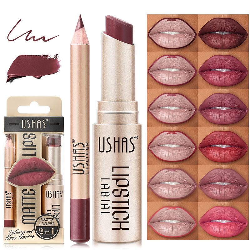 USHAS  2 In 1 Matte Lipstick&lip Liner Set Easy Coloring Matte Lipstick Long Lasting Nude Red Lipstick Lips Makeup