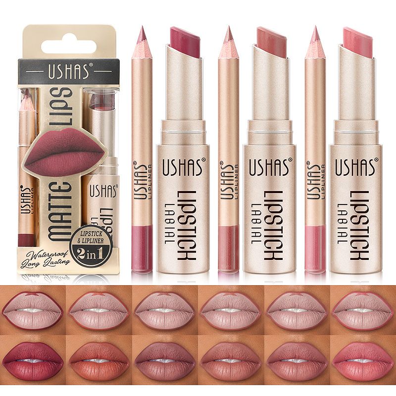 USHAS  2 In 1 Matte Lipstick&lip Liner Set Easy Coloring Matte Lipstick Long Lasting Nude Red Lipstick Lips Makeup