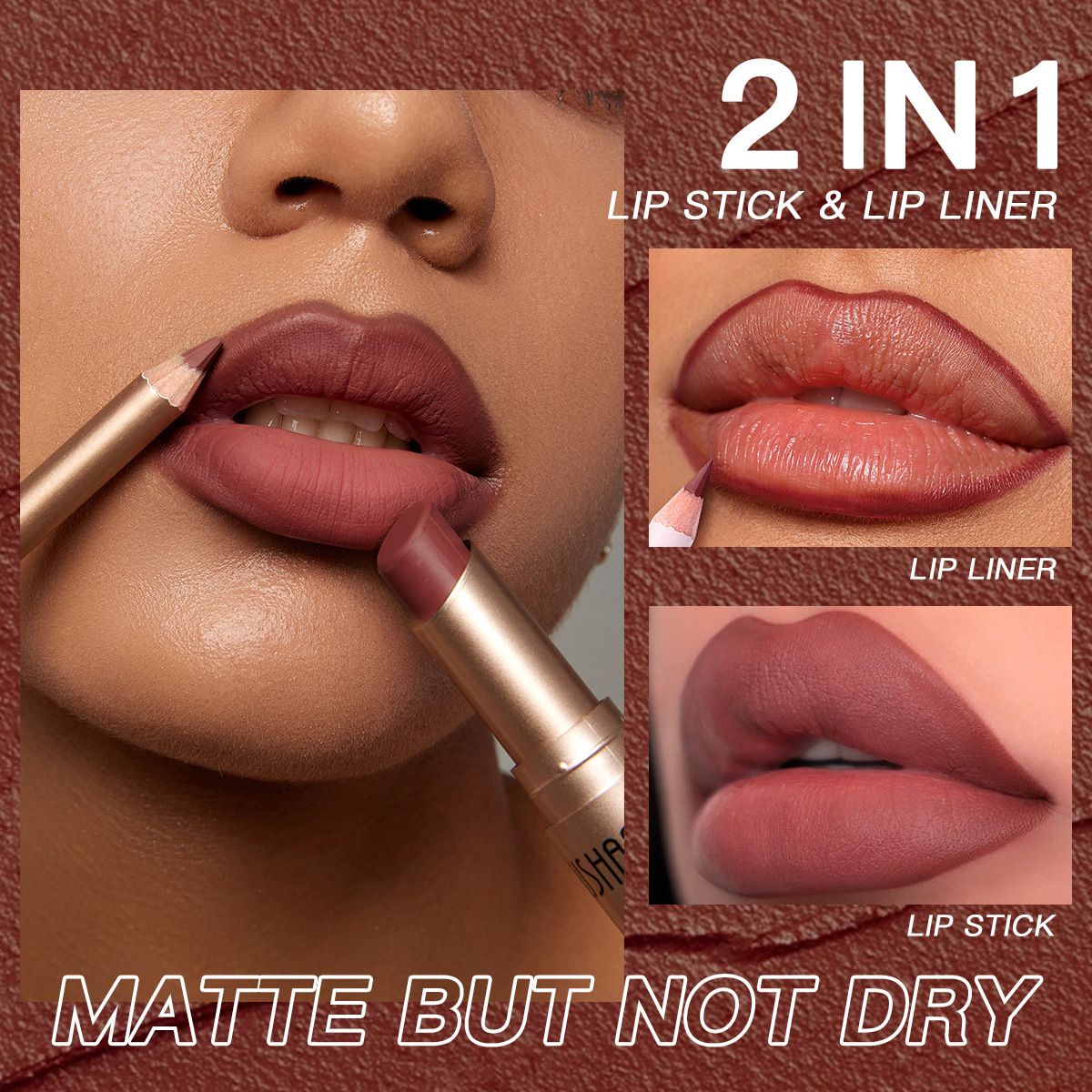 USHAS  2 In 1 Matte Lipstick&lip Liner Set Easy Coloring Matte Lipstick Long Lasting Nude Red Lipstick Lips Makeup