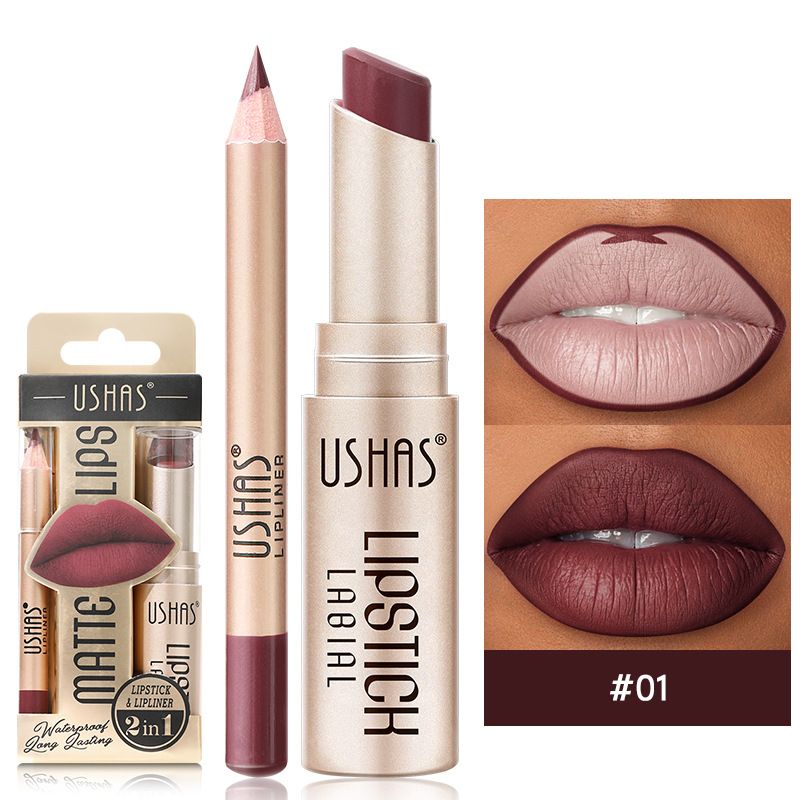 USHAS  2 In 1 Matte Lipstick&lip Liner Set Easy Coloring Matte Lipstick Long Lasting Nude Red Lipstick Lips Makeup