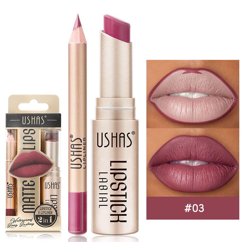 USHAS  2 In 1 Matte Lipstick&lip Liner Set Easy Coloring Matte Lipstick Long Lasting Nude Red Lipstick Lips Makeup