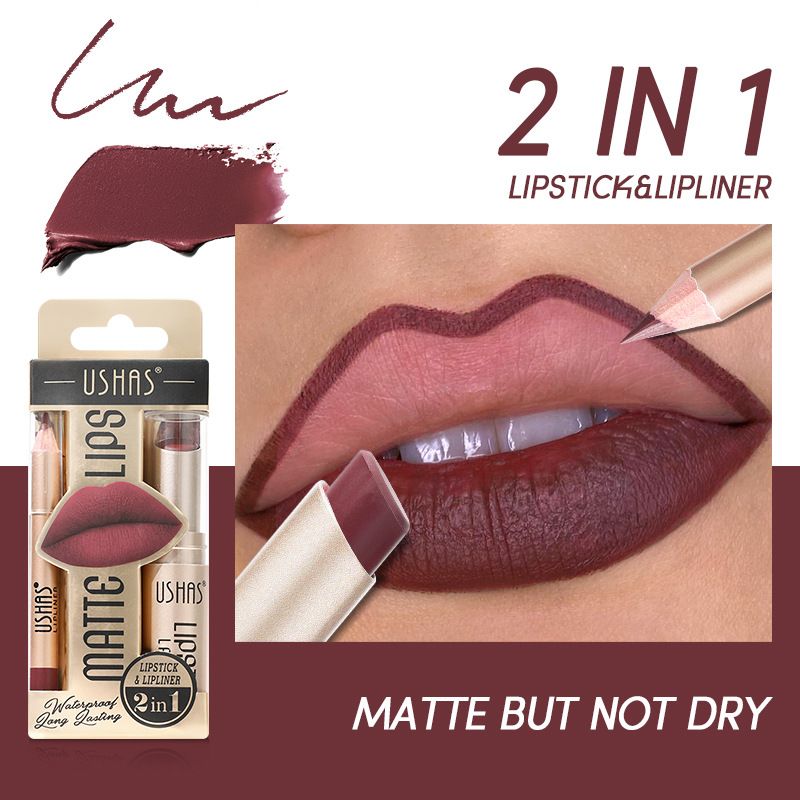 USHAS  2 In 1 Matte Lipstick&lip Liner Set Easy Coloring Matte Lipstick Long Lasting Nude Red Lipstick Lips Makeup