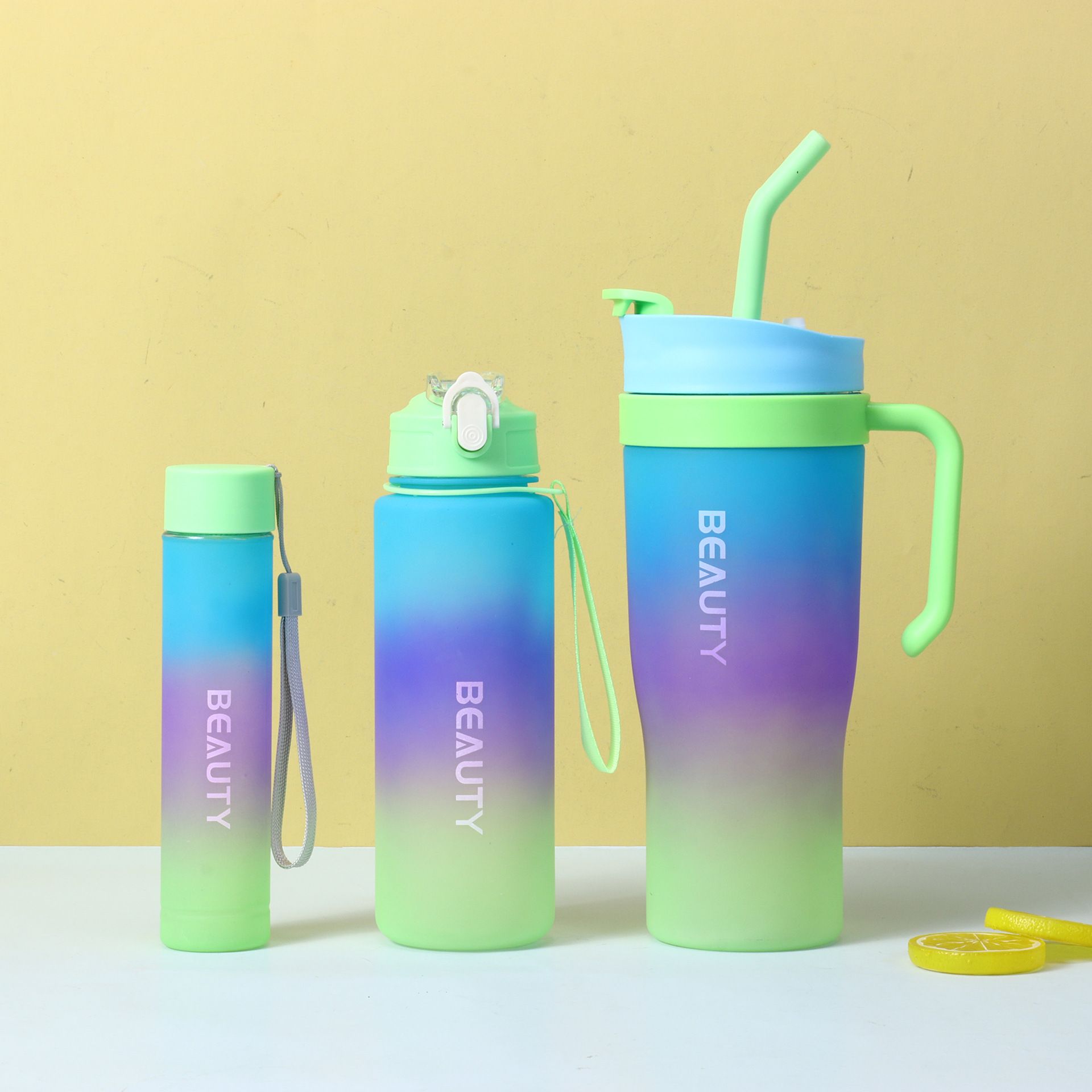 New 3PCS Set Water Bottles Car Cup Ice Bar Cup Plastic Sports Mug Large Capacity Frosted Gradient Water Bottle Coffee Cup