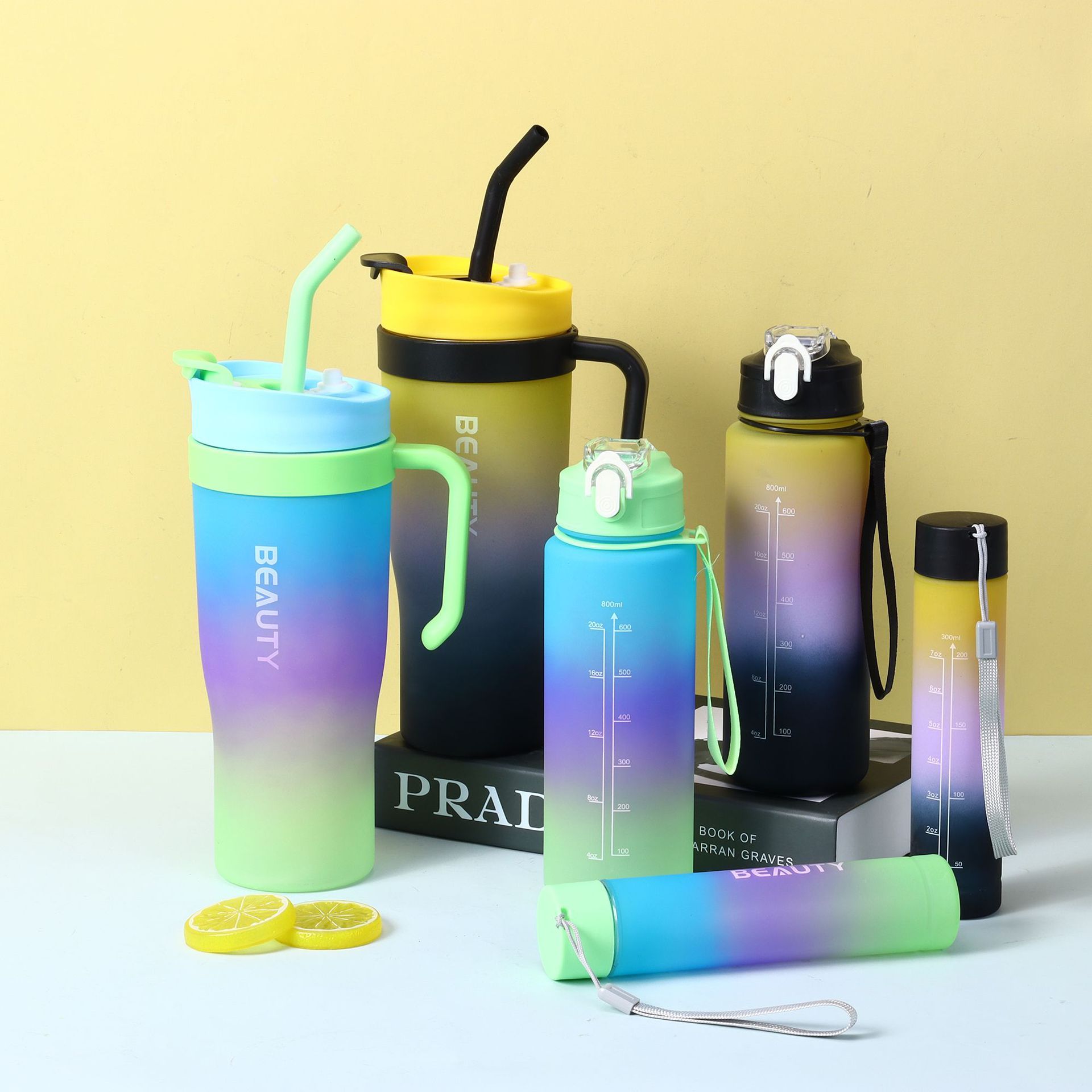 New 3PCS Set Water Bottles Car Cup Ice Bar Cup Plastic Sports Mug Large Capacity Frosted Gradient Water Bottle Coffee Cup