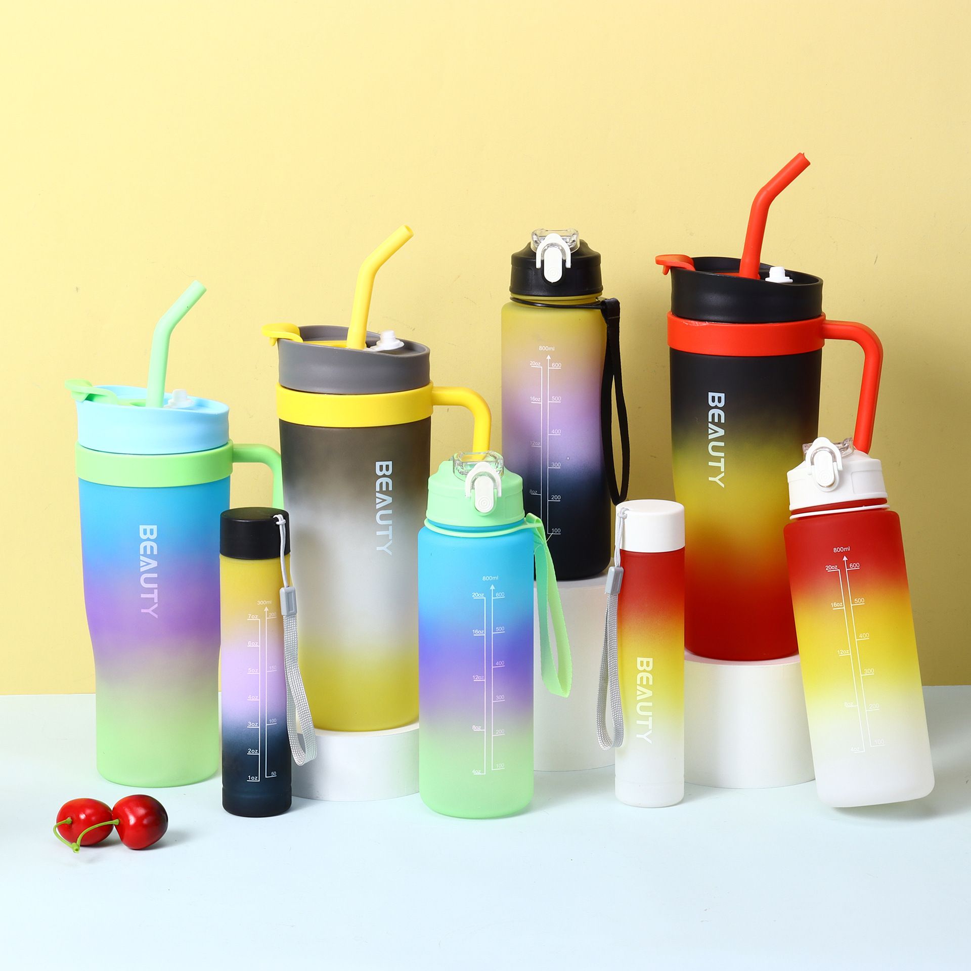 New 3PCS Set Water Bottles Car Cup Ice Bar Cup Plastic Sports Mug Large Capacity Frosted Gradient Water Bottle Coffee Cup