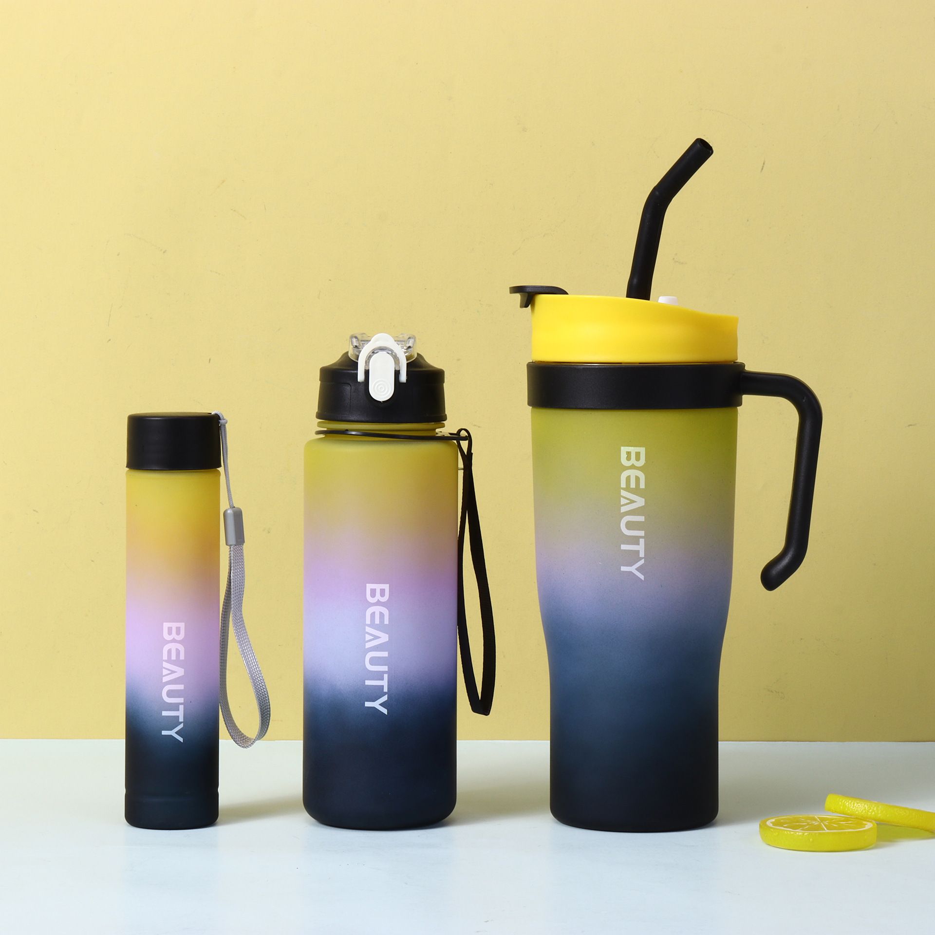 New 3PCS Set Water Bottles Car Cup Ice Bar Cup Plastic Sports Mug Large Capacity Frosted Gradient Water Bottle Coffee Cup