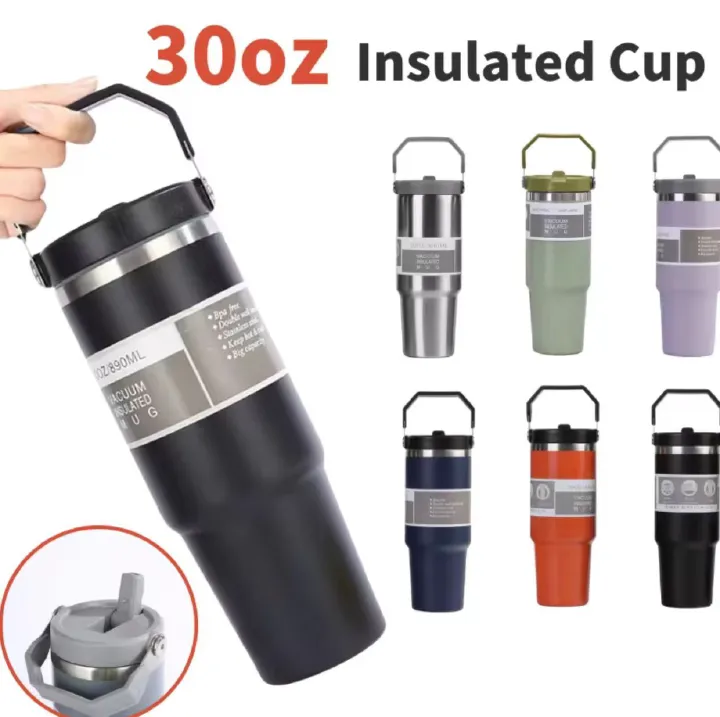 30oz Large Capacity Portable Car Cup Stainless Steel Thermos Cup with Straw & Handle Travel Sports Water Bottle Vacuum Flask Stanley Cup
