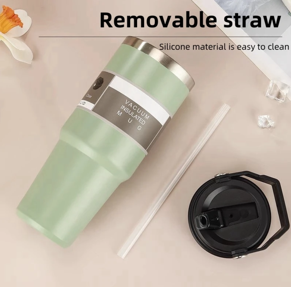 30oz Large Capacity Portable Car Cup Stainless Steel Thermos Cup with Straw & Handle Travel Sports Water Bottle Vacuum Flask Stanley Cup