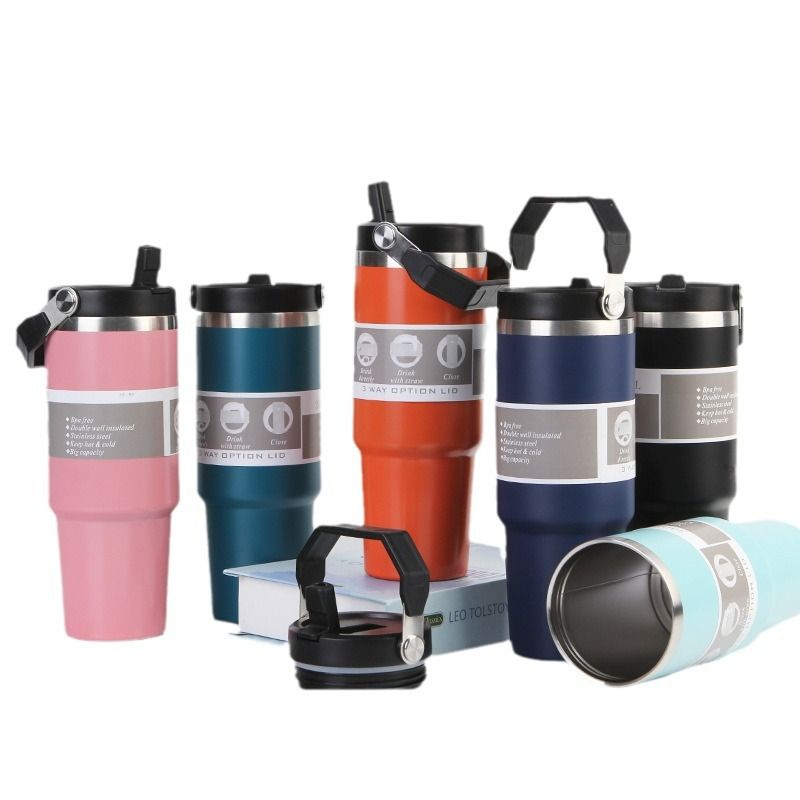 30oz Large Capacity Portable Car Cup Stainless Steel Thermos Cup with Straw & Handle Travel Sports Water Bottle Vacuum Flask Stanley Cup
