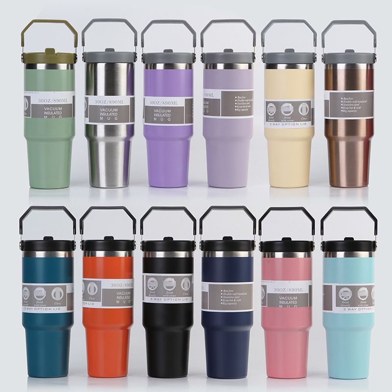 30oz Large Capacity Portable Car Cup Stainless Steel Thermos Cup with Straw & Handle Travel Sports Water Bottle Vacuum Flask Stanley Cup