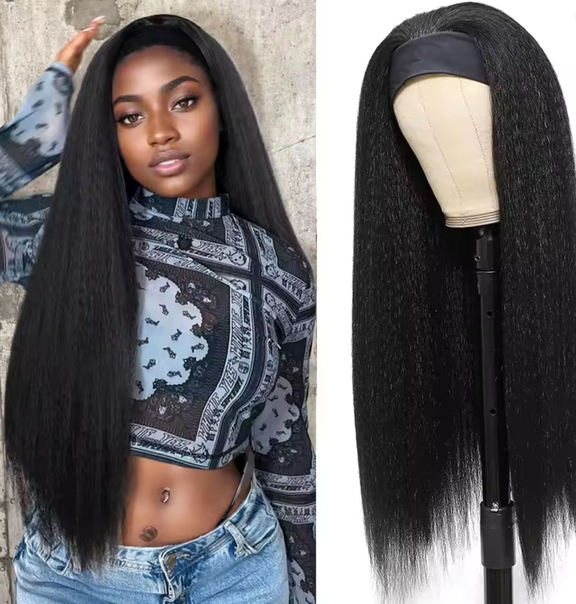 New Kinky Straight Headband Wigs 24Inch Brazilian Yaki Straight Wig Ready To Wear Headband Hair Wig for Women
