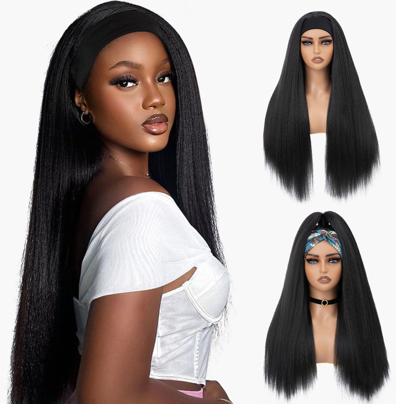 New Kinky Straight Headband Wigs 24Inch Brazilian Yaki Straight Wig Ready To Wear Headband Hair Wig for Women