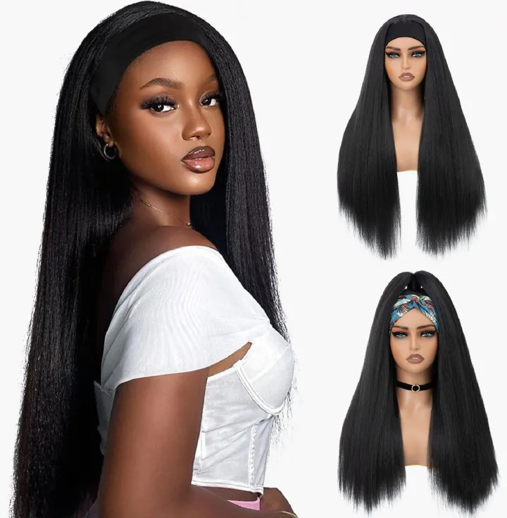 New Kinky Straight Headband Wigs 24Inch Brazilian Yaki Straight Wig Ready To Wear Headband Hair Wig for Women