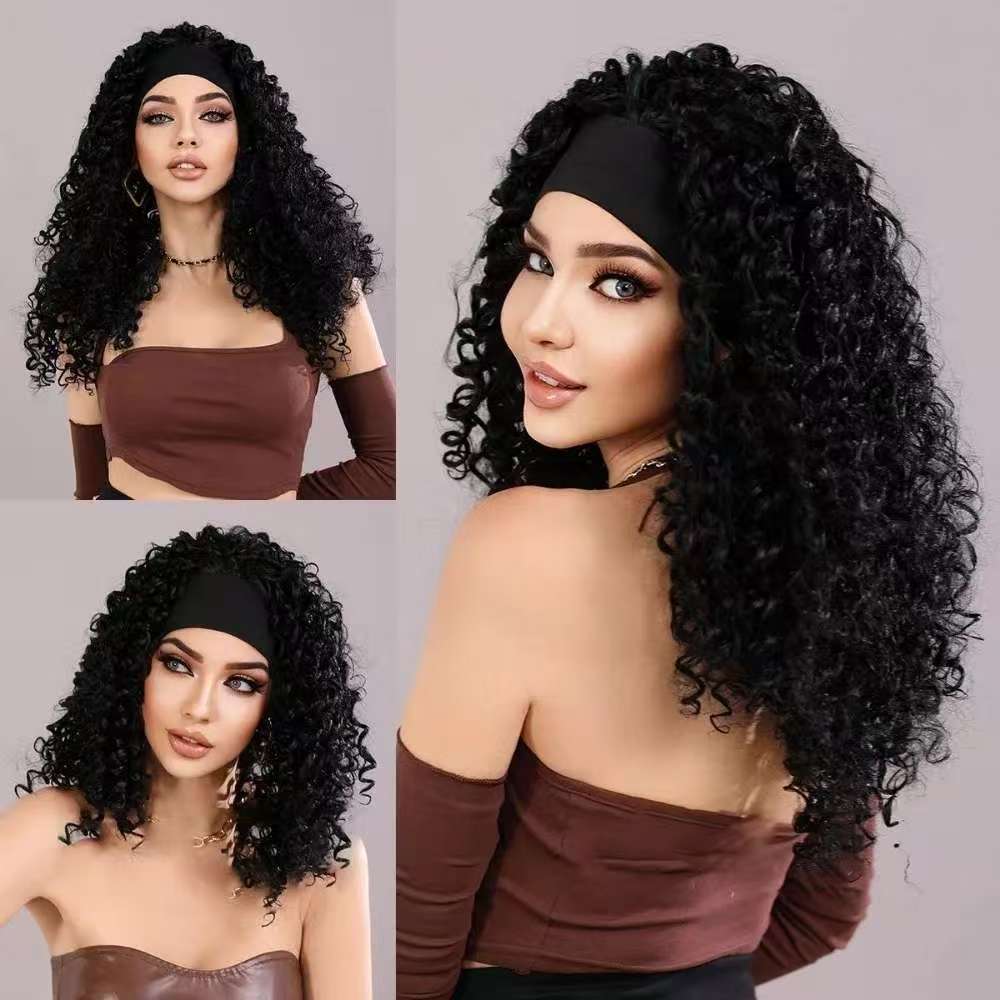 24Inch Afro Kinky Curly Headband Wigs Synthetic Long Curly Wig High Quality Heat Resistant Fiber Wigs Ice Silk Headband Wig Gift
