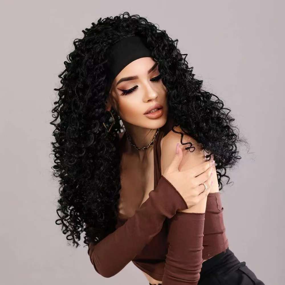 24Inch Afro Kinky Curly Headband Wigs Synthetic Long Curly Wig High Quality Heat Resistant Fiber Wigs Ice Silk Headband Wig Gift
