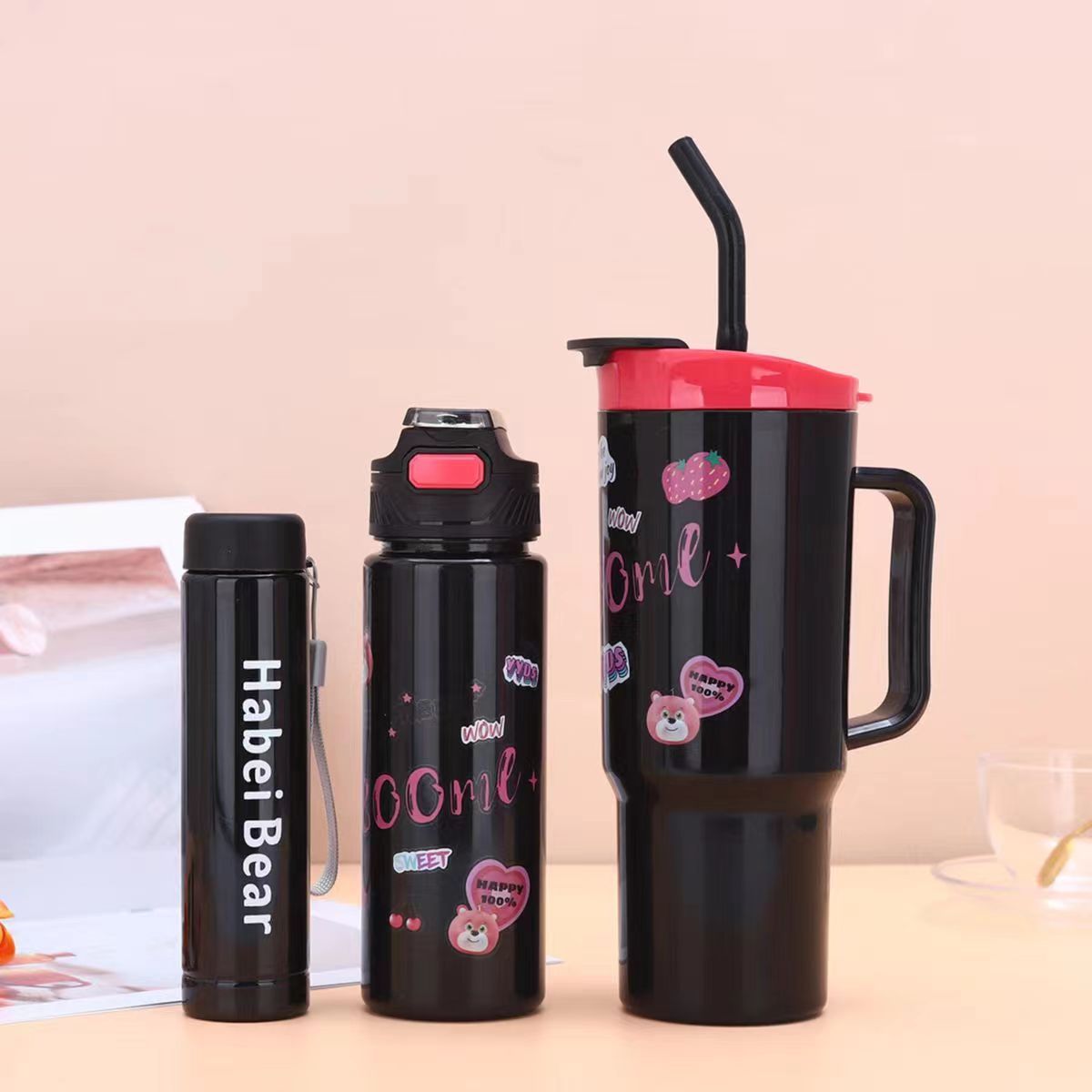 New 3PCS Set Water Bottles Car Cup Cartoon Bottle Ice Bar Cup Plastic Sports Mug Large Capacity Frosted  Water Bottle Coffee Cup
