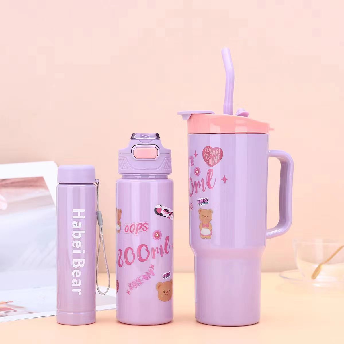 New 3PCS Set Water Bottles Car Cup Cartoon Bottle Ice Bar Cup Plastic Sports Mug Large Capacity Frosted  Water Bottle Coffee Cup