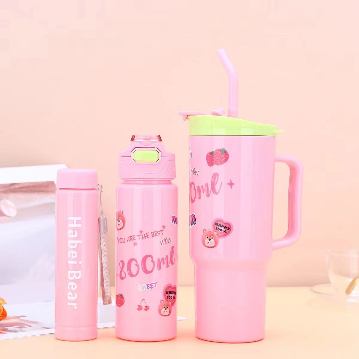 New 3PCS Set Water Bottles Car Cup Cartoon Bottle Ice Bar Cup Plastic Sports Mug Large Capacity Frosted  Water Bottle Coffee Cup