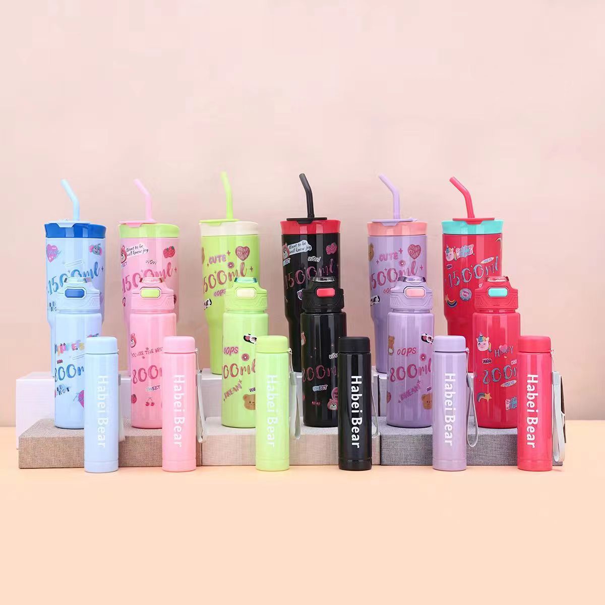 New 3PCS Set Water Bottles Car Cup Cartoon Bottle Ice Bar Cup Plastic Sports Mug Large Capacity Frosted  Water Bottle Coffee Cup