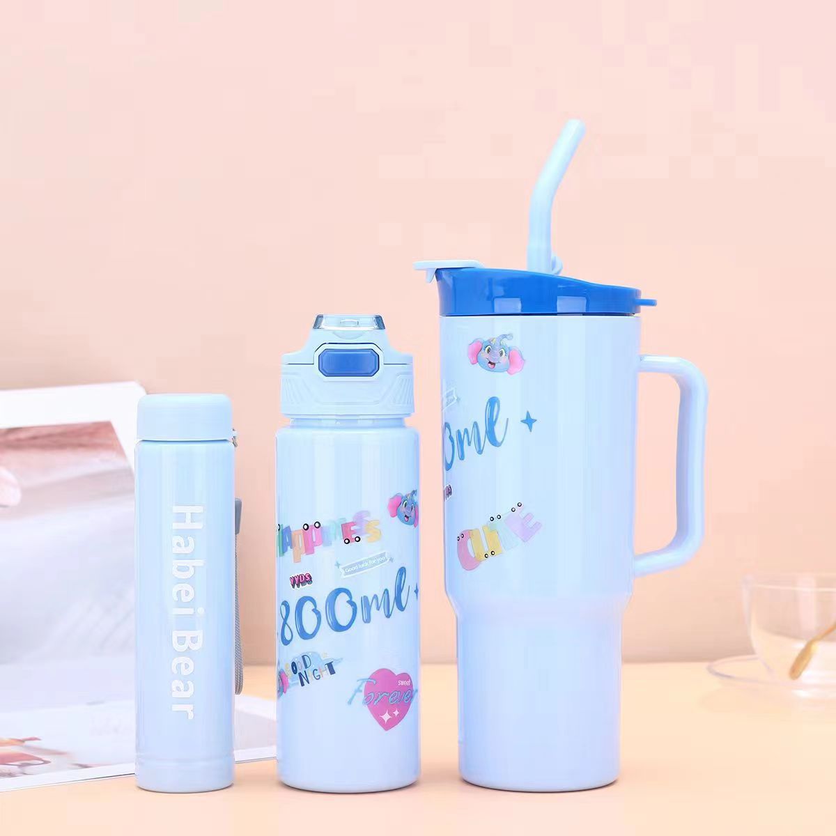 New 3PCS Set Water Bottles Car Cup Cartoon Bottle Ice Bar Cup Plastic Sports Mug Large Capacity Frosted  Water Bottle Coffee Cup