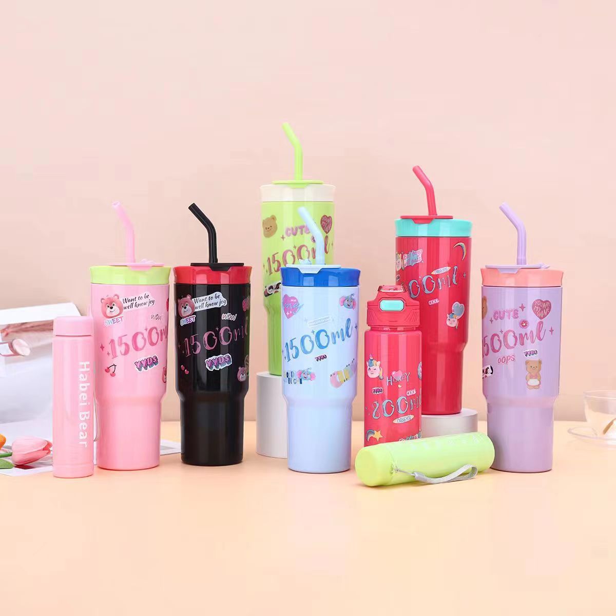 New 3PCS Set Water Bottles Car Cup Cartoon Bottle Ice Bar Cup Plastic Sports Mug Large Capacity Frosted  Water Bottle Coffee Cup