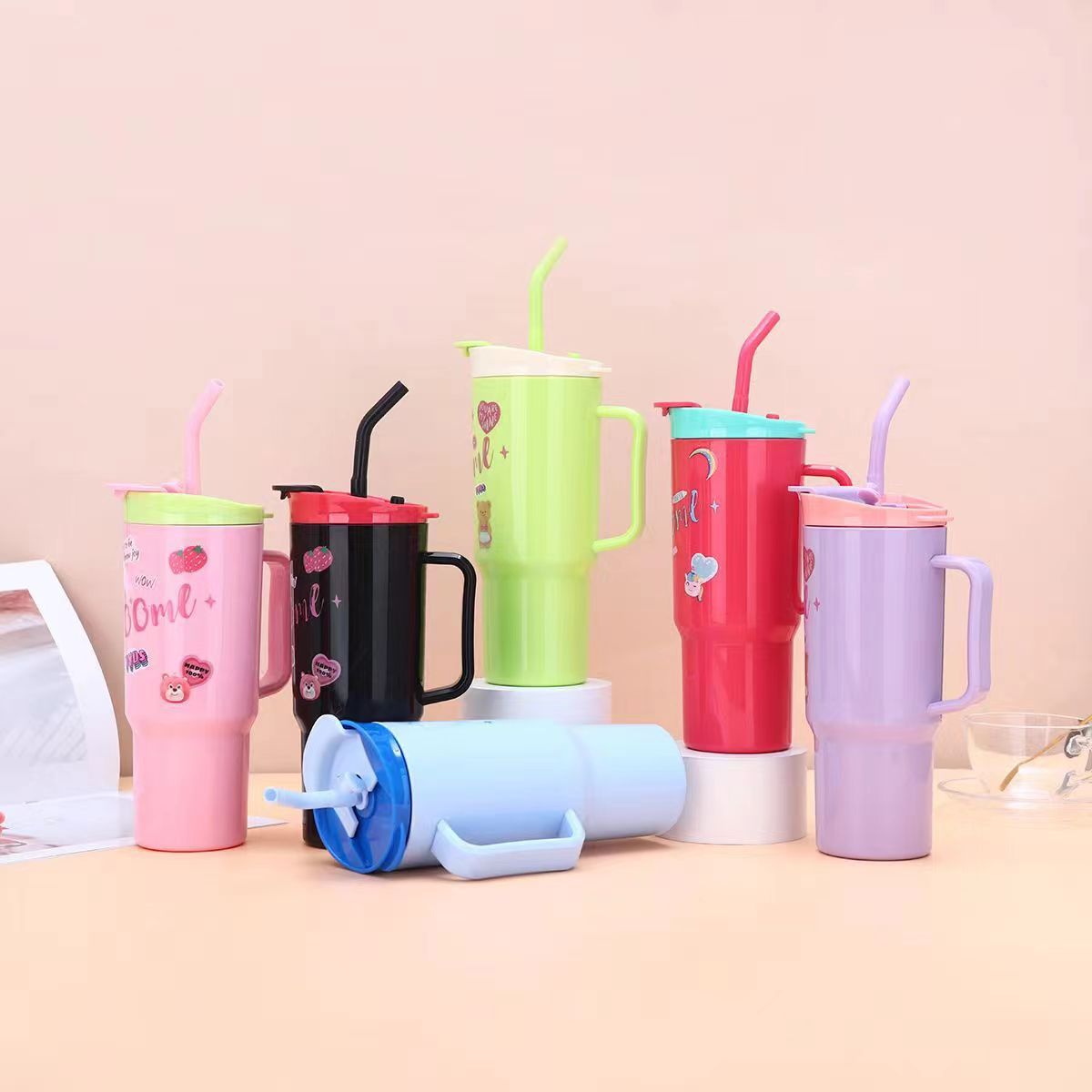 New 3PCS Set Water Bottles Car Cup Cartoon Bottle Ice Bar Cup Plastic Sports Mug Large Capacity Frosted  Water Bottle Coffee Cup