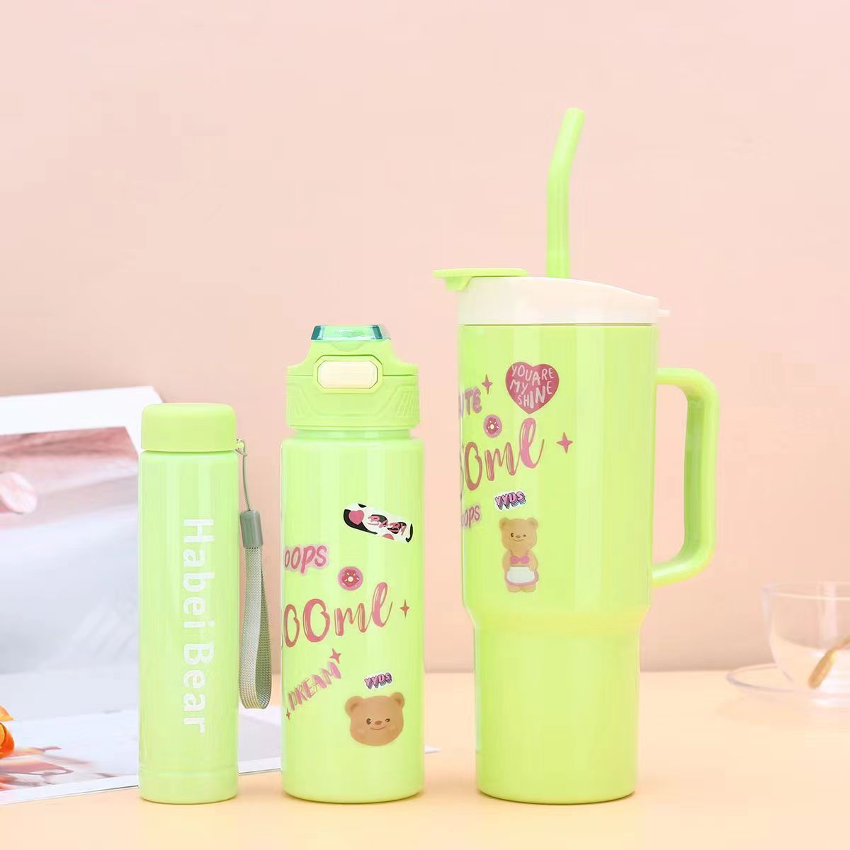 New 3PCS Set Water Bottles Car Cup Cartoon Bottle Ice Bar Cup Plastic Sports Mug Large Capacity Frosted  Water Bottle Coffee Cup