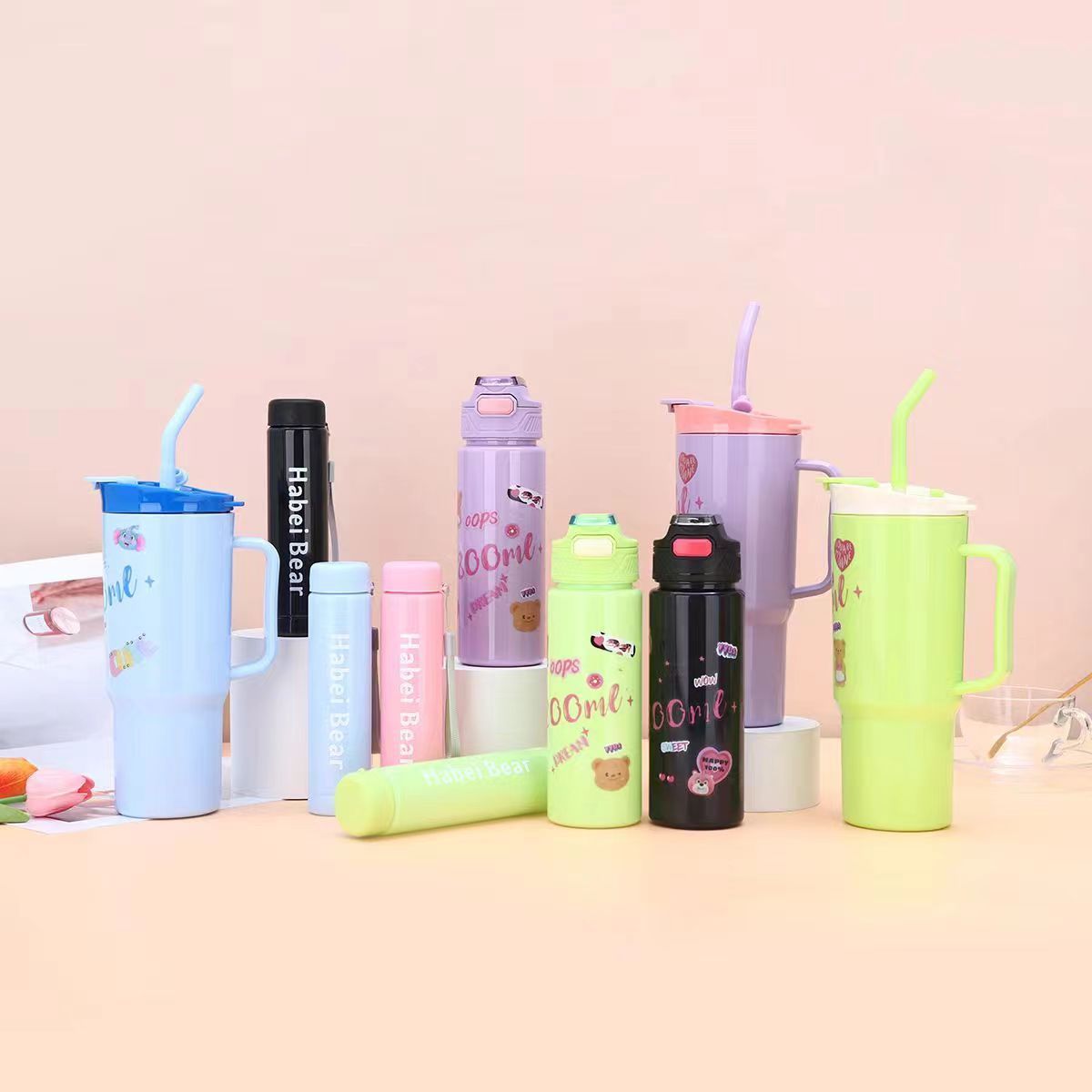 New 3PCS Set Water Bottles Car Cup Cartoon Bottle Ice Bar Cup Plastic Sports Mug Large Capacity Frosted  Water Bottle Coffee Cup