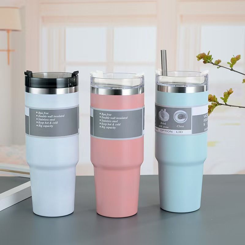 30oz Large Capacity Portable Car Cup Stainless Steel Thermos Cup with Straw Travel Sports Water Bottle Vacuum Flask Stanley Cup