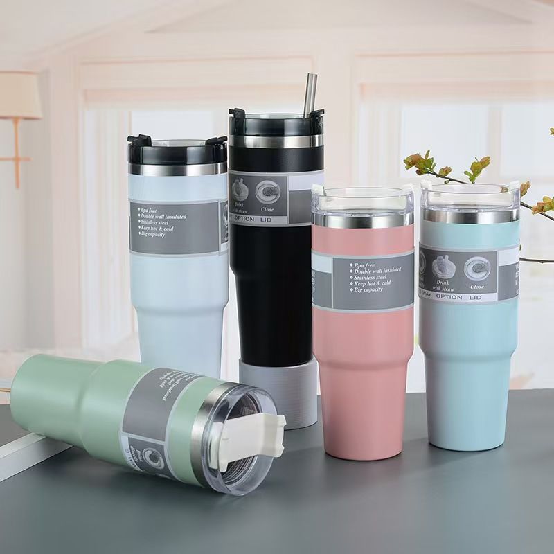 30oz Large Capacity Portable Car Cup Stainless Steel Thermos Cup with Straw Travel Sports Water Bottle Vacuum Flask Stanley Cup