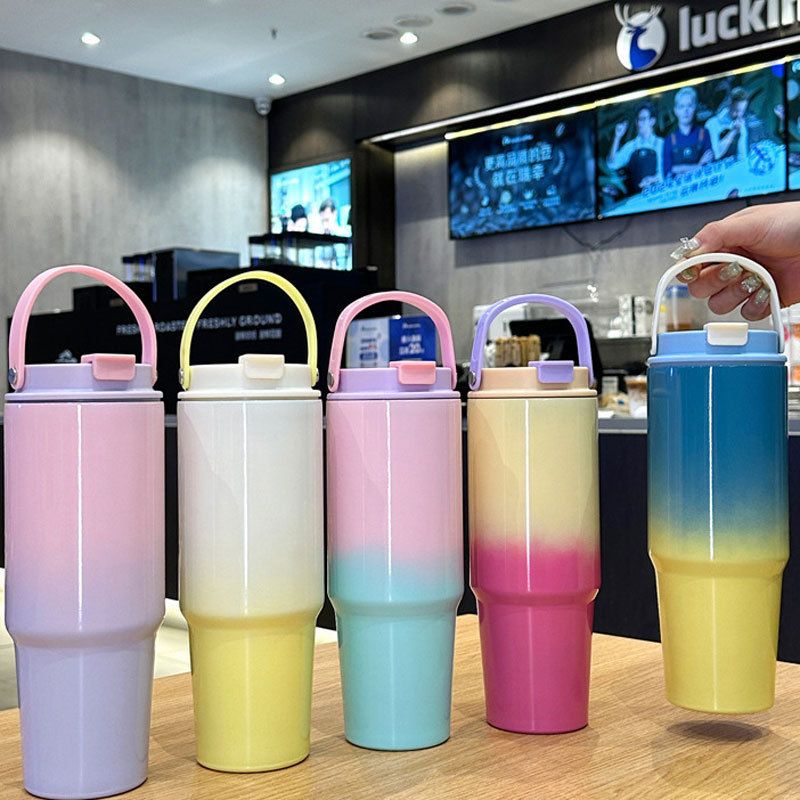 30OZ/890ML Gradient Color Water Bottle Macaron Car Cup Stainless Steel Thermos Cup with Straw & Handle Travel Sports Large Capacity Vacuum Flask Stanley Cup