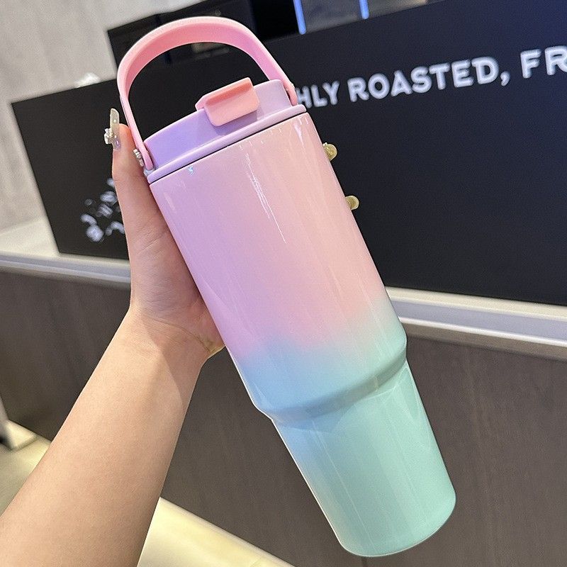30OZ/890ML Gradient Color Water Bottle Macaron Car Cup Stainless Steel Thermos Cup with Straw & Handle Travel Sports Large Capacity Vacuum Flask Stanley Cup