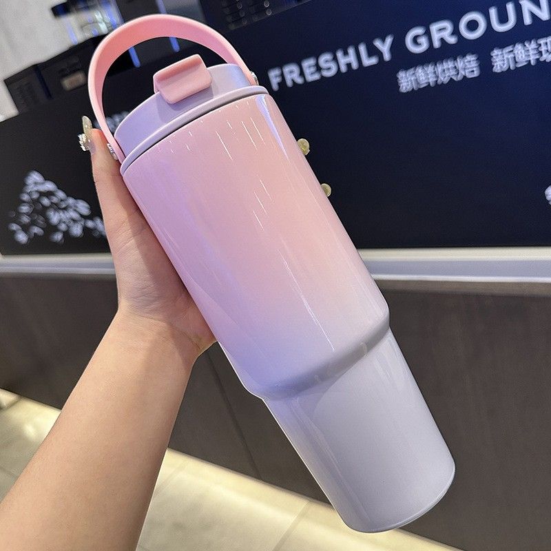 30OZ/890ML Gradient Color Water Bottle Macaron Car Cup Stainless Steel Thermos Cup with Straw & Handle Travel Sports Large Capacity Vacuum Flask Stanley Cup
