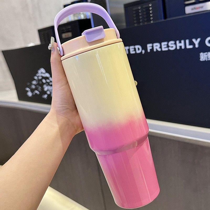 30OZ/890ML Gradient Color Water Bottle Macaron Car Cup Stainless Steel Thermos Cup with Straw & Handle Travel Sports Large Capacity Vacuum Flask Stanley Cup