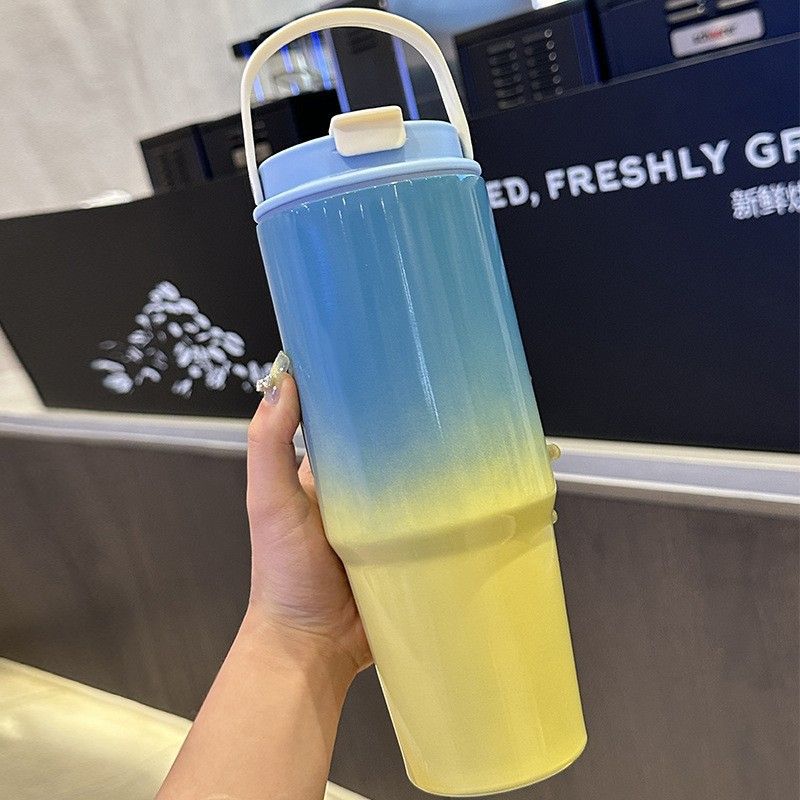 30OZ/890ML Gradient Color Water Bottle Macaron Car Cup Stainless Steel Thermos Cup with Straw & Handle Travel Sports Large Capacity Vacuum Flask Stanley Cup