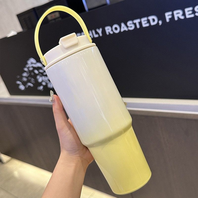 30OZ/890ML Gradient Color Water Bottle Macaron Car Cup Stainless Steel Thermos Cup with Straw & Handle Travel Sports Large Capacity Vacuum Flask Stanley Cup