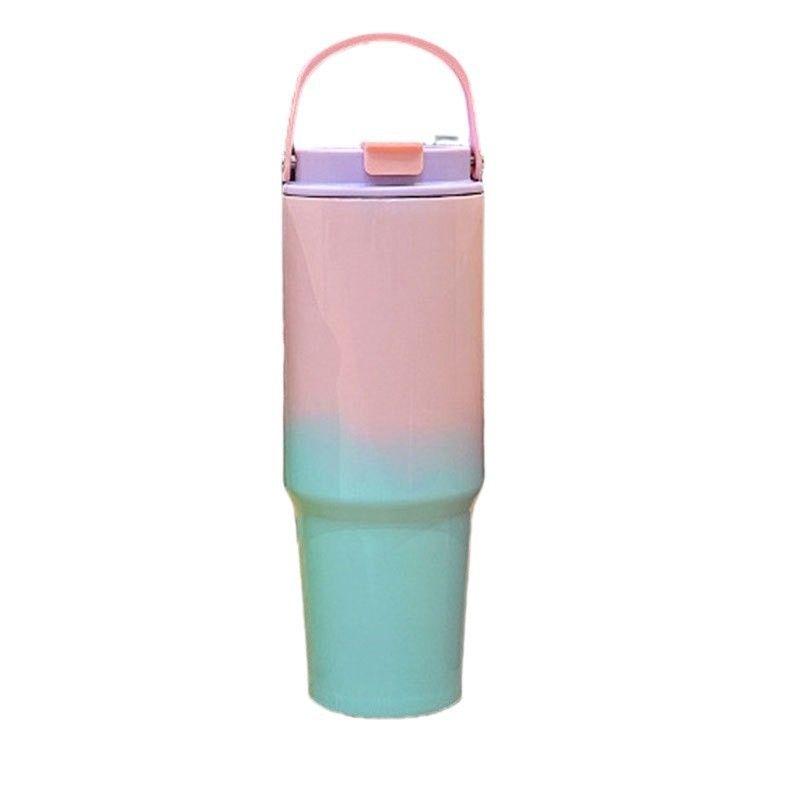 30OZ/890ML Gradient Color Water Bottle Macaron Car Cup Stainless Steel Thermos Cup with Straw & Handle Travel Sports Large Capacity Vacuum Flask Stanley Cup