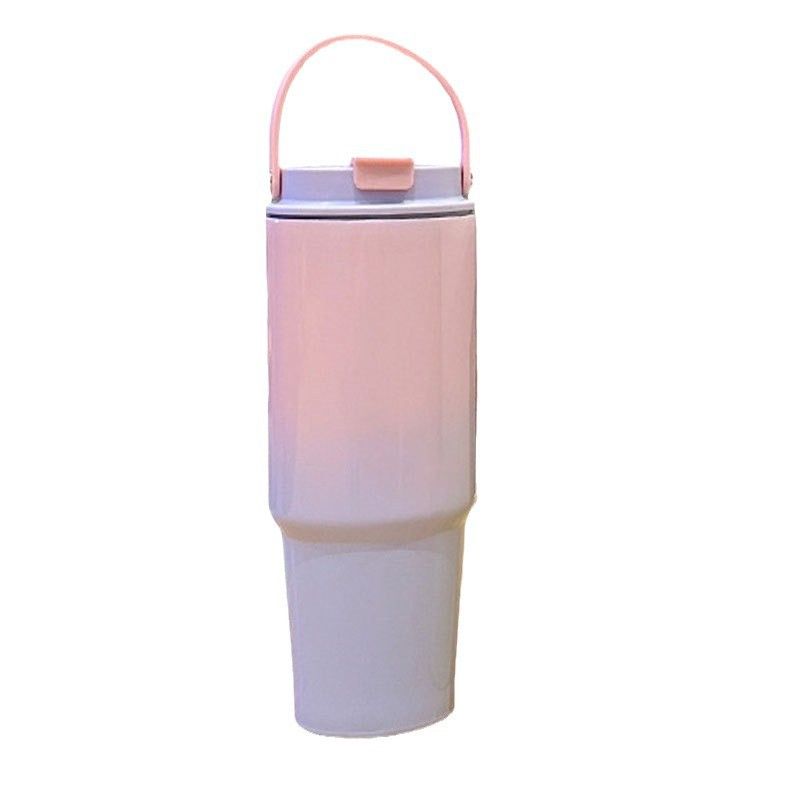 30OZ/890ML Gradient Color Water Bottle Macaron Car Cup Stainless Steel Thermos Cup with Straw & Handle Travel Sports Large Capacity Vacuum Flask Stanley Cup