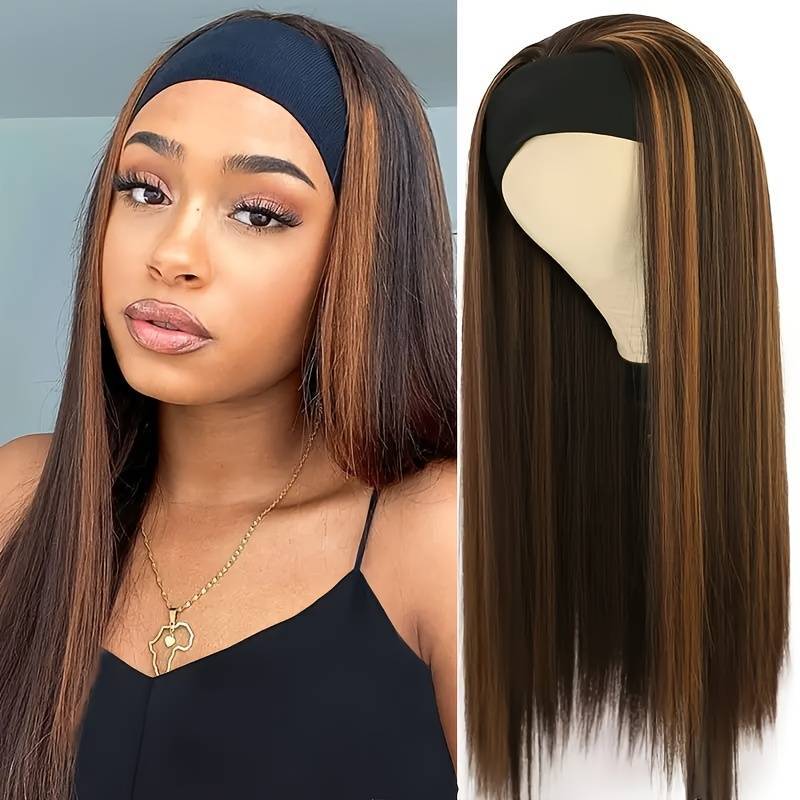 New 26inch Long Straight Headband Wig For Women Light Brown Highlight Glueless Charming Synthetic Hair Wigs