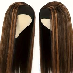 New 70cm  Long Straight Headband Wig For Women Light Brown Highlight Glueless Charming Synthetic Hair Wigs